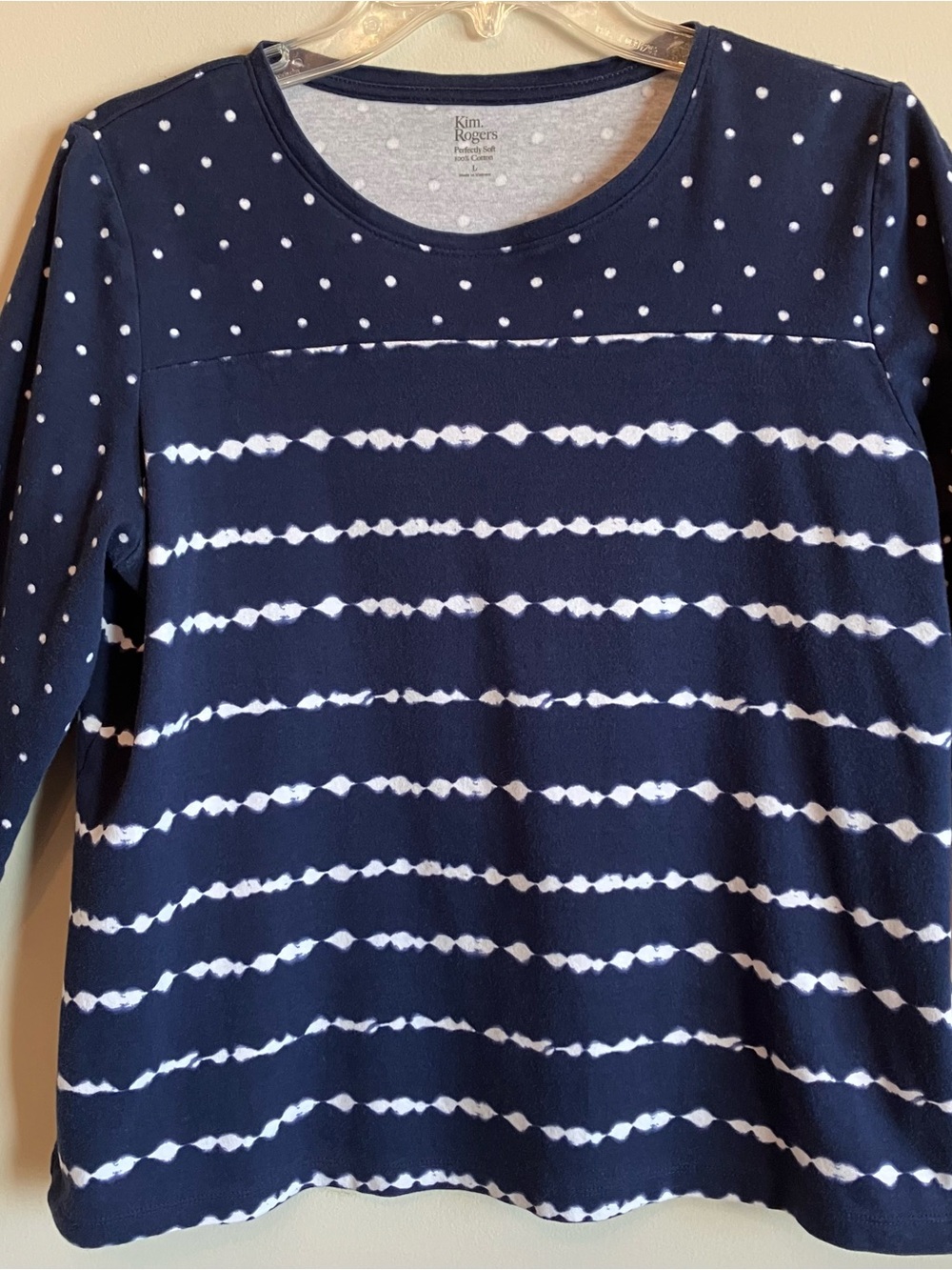 Kim Rogers Navy and White Striped Polka Dot 3/4”Sleeve Top
